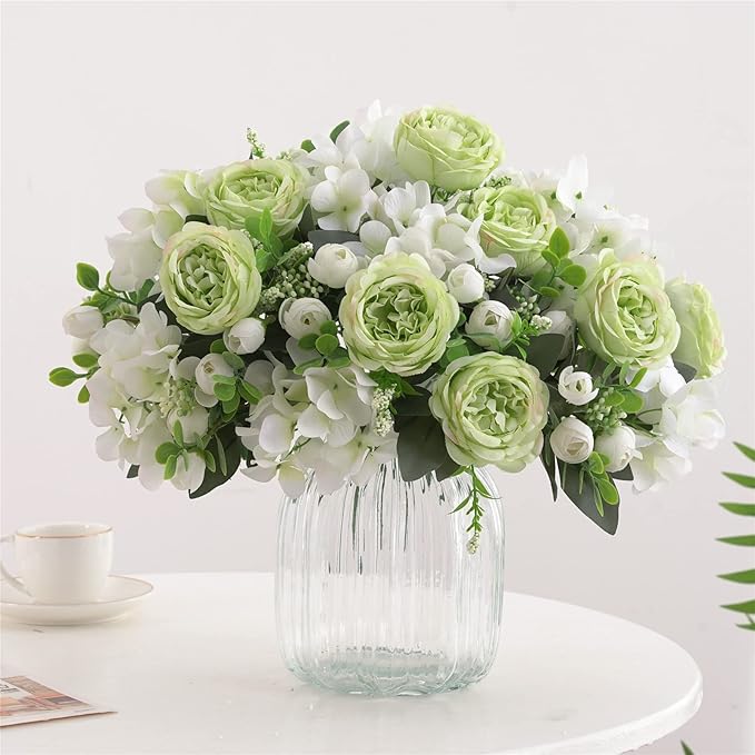 4 Bunches Green Peony Artificial Flowers for Decoration Faux Rose Fake Bouquet Silk Arrangements Table Centerpiece for Vase Cake Topper Bridal Baby Shower