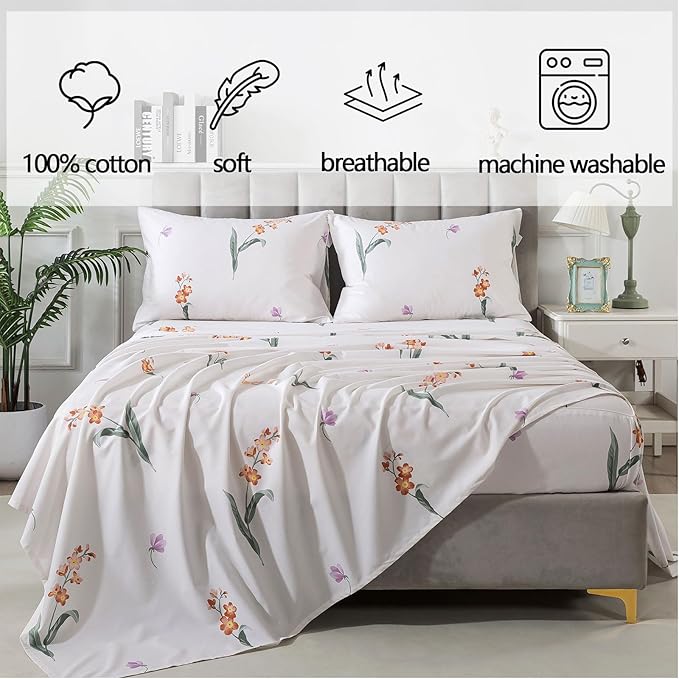 FADFAY Orange Vintage Orchid Floral King Size Sheets Set 100% Brushed Cotton Shabby Purple Tulip Pattern Bedding Set Deep Pocket Sheets with 2 Pillowcases Luxury Breathable Soft 4pcs, King Size