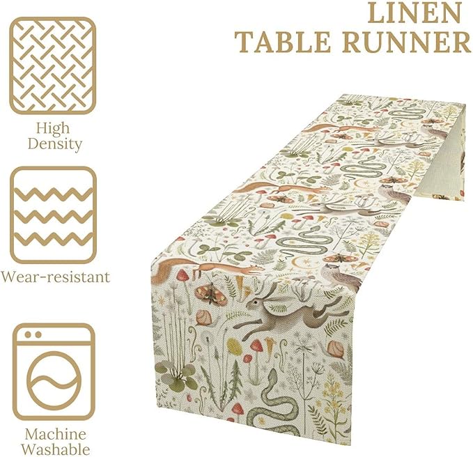 Country Forest Table Runner, Wild Animal Hare Squirrel Owl Snake Snail Flowers Mushroom Print Table Runner for Spring Holiday Farmhouse Kitchen Indoor Outdoor Decoration, 13x70inch