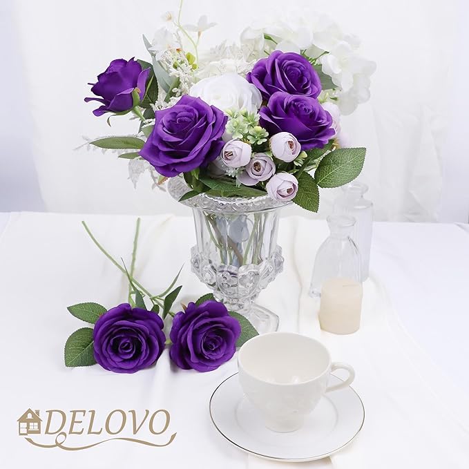 52pcs Purple Roses Artificial Flowers Fake Flowers Silk Roses with Stems for DIY Wedding Bouquets Bridal Shower Centerpieces Arrangements Party Decorations