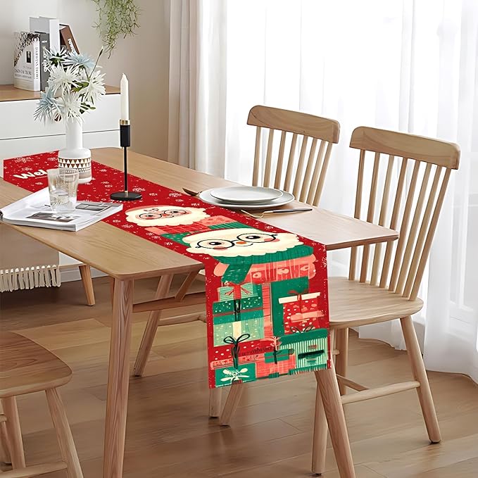 Christmas Table Runner – Red Holiday Table Decoration with Cute Santa Claus & Gifts Design, Festive Dining Table Decor for Christmas Party, Family Dinner, Kitchen & Living Room