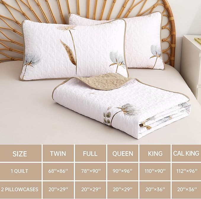 Dinjoy Floral Quilt Set Twin Size, Khaki Bedspreads for Girls 2 Pieces Cute Botanical Bedding Set Lightweight Farmhouse Quilts Soft Flower White Coverlet Sets for Women 68"x86"