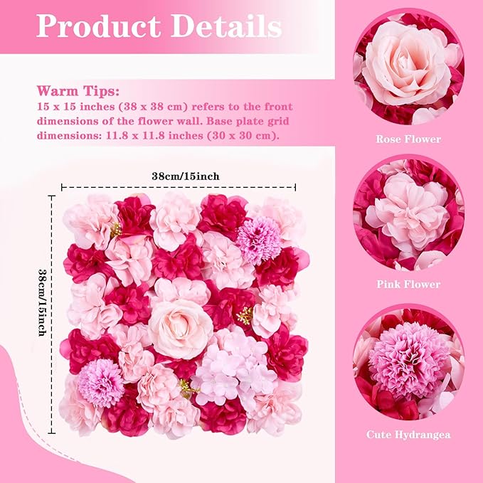 Wedding Backdrop Flower Wall Panels: 24 Packs 15x15 Inches Hot Pink Background - Bridal Shower Party Anniversary Ceremony Decor
