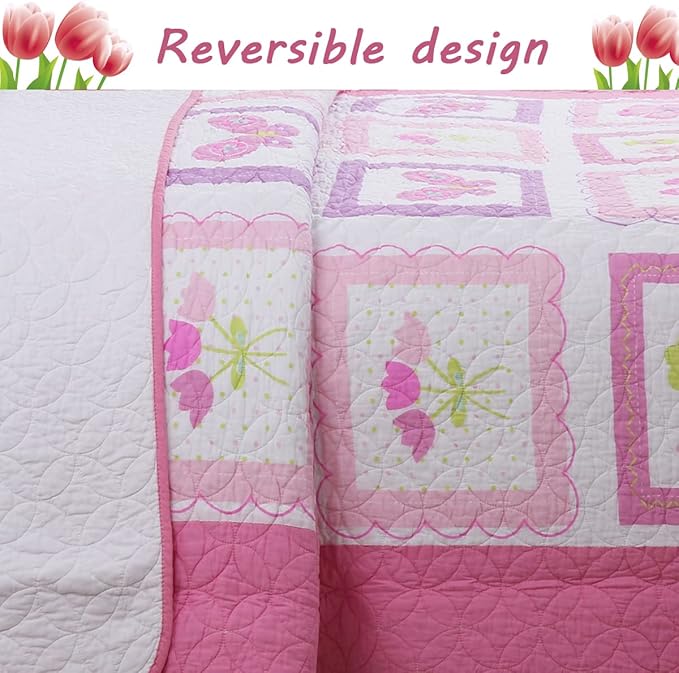 Cozy Line Home Fashions 100% Cotton Pink Floral Print Girl Reversible Quilt Bedding Set, All Season Lightweight Coverlet, Bedspread (Butterfly Tulip, Twin-2 Piece)
