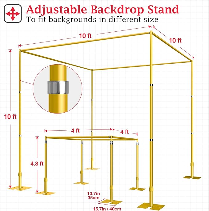 EMART 10ft Square Backdrop Stand Heavy Duty, Pipe and Drape Photo Background Support Kit, Adjustable Metal Frame with Flat Base for Wedding Birthday Party Decorations-Gold