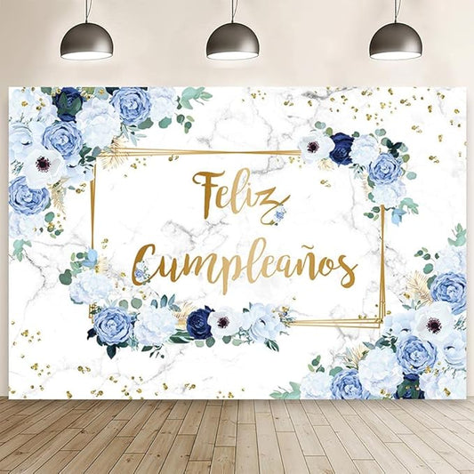 MEHOFOND 10x7ft Feliz cumpleaños Backdrop Blue and White Flowers Birthday Photography Background Girls Geometric Gold Glitter Dots Birthday Floral Party Decorations Cake Smash Decor Studio Photo Props