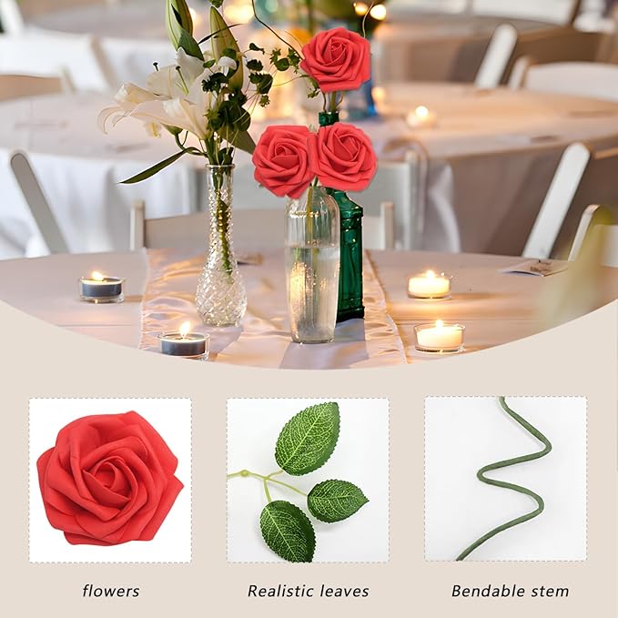 Artificial Flowers Red Roses Real Looking Foam Fake Roses 50PCS with Leaves and for DIY Wedding Bouquets Bridal Shower Centerpieces Party Decorations (Red)