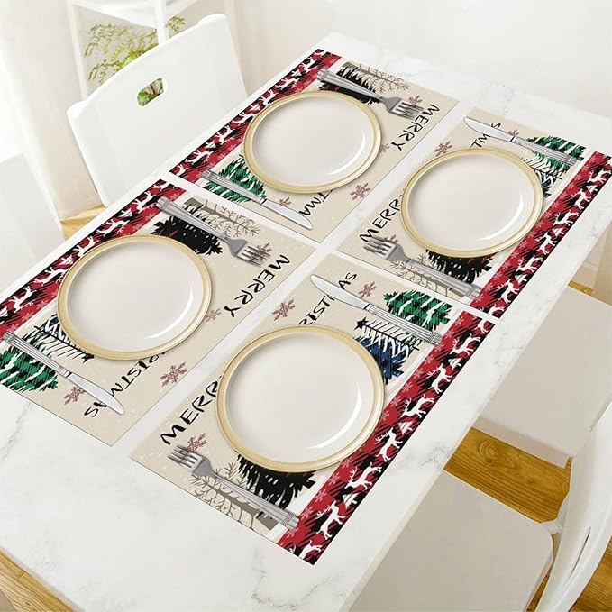 Christmas Placemats Rustic Farmhouse Red Buffalo Plaid Elk Christmas Tree Winter Snowflake Placemats Table Kitchen Dining Party 12x18 Inch Set of 6