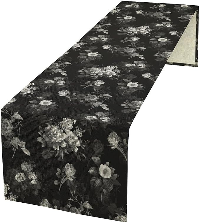Vintage Botanical Table Runner, Abstract Watercolor Black White Gothic Flower Leaves Plants Print Table Runner for Seasonal Home Decoration Indoor Outdoor Party Decor, 13x120inch
