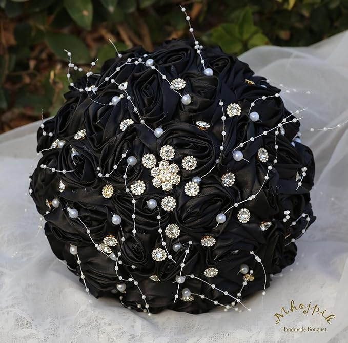 Bridal Wedding Bouquet Round Bling Brooch Bouquet Throw Toss Artificial Rose Flower Bunch for Bride Bridesmaid Wedding Quinceanera(Black, 8.7")