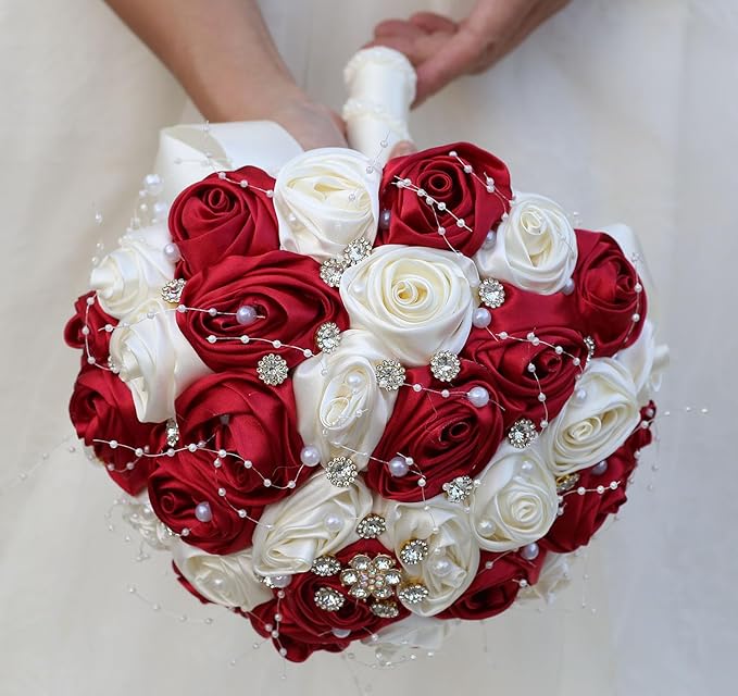 Bridal Wedding Bouquet Round Bling Brooch Bouquet Throw Toss Artificial Rose Flower Bunch for Bride Bridesmaid Wedding Quinceanera(Ruby Red & Ivory, 9.8")