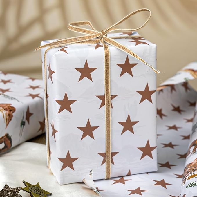 Homeral Reversible Cowboy Wrapping Paper Roll - 17In x 16.5Ft Western Gift Wrap with Rodeo Horse and Star Pattern for Boys Birthday, Fathers Day, Bachelor Party, Christmas, Farm Theme, Holiday
