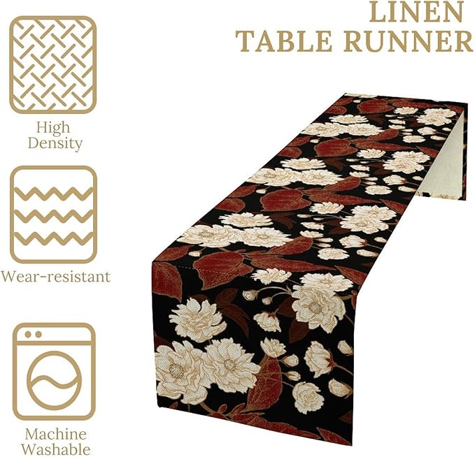 Vintage Flowers Table Runner,Boho Red Gold Floral Plant Print Art Table Runner for Home Kitchen Table Dining Indoor Outdoor Party Decor 13x90 Inch