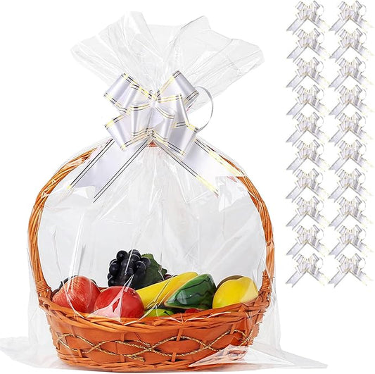 50 Packs Large Cellophane Bags 18" x 24" Clear Cellophane Gift Basket Wraps 2.3 Mil Thick Transparent Cello Bags for Fruit Basket, Gift Wrap, Treats, Arts and Crafts, 50ct White Ribbon Bows