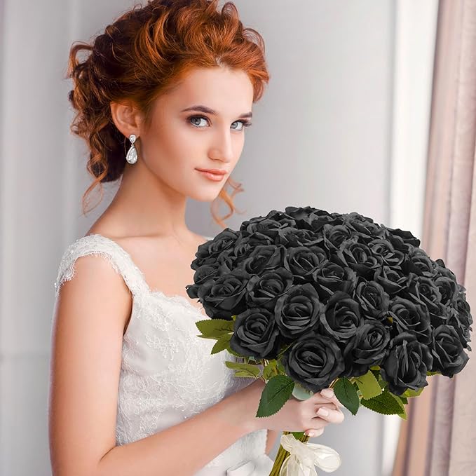 Black Roses Artificial Flowers Bulk, 52Pcs Fake Roses Flower Arrangement, DIY Silk Flowers Roses Bouquet, Realistic Faux Artificial Roses for Mother's Day Home Table Decor