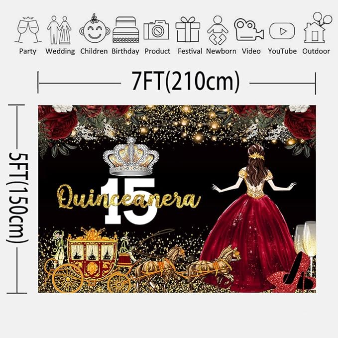 Red Dress Rose Flower Backdrops Quinceanera Birthday Backdrop for Girl Princess Happy 15th Bday Carriage Photography Props Cake Table Banner 7x5ft RBJLSLU36
