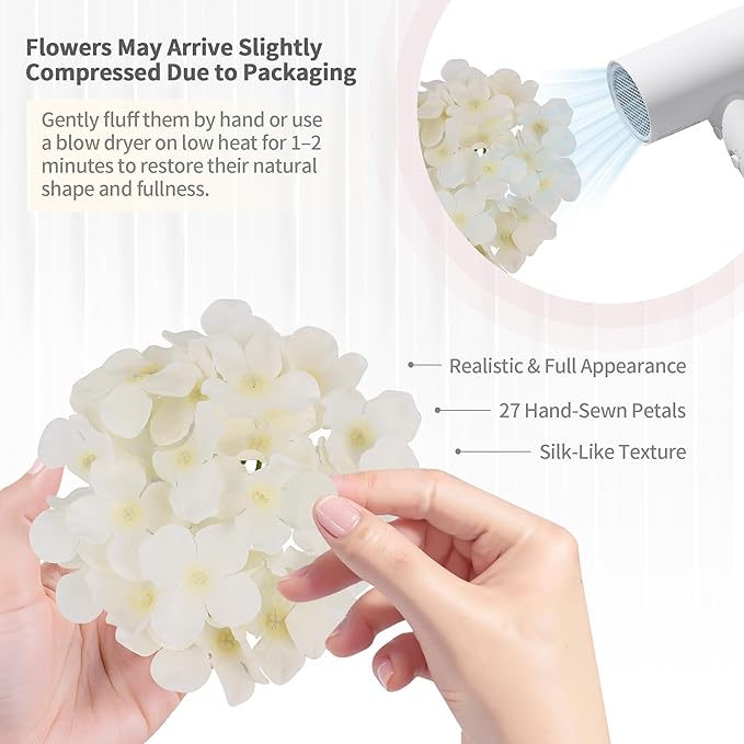 64PCS Artificial Hydrangea Flowers with Stems, Silk Hydrangea Heads with LED Decorative Lights, Crystal Strings & Butterfly Accents for Wedding Centerpieces and Home Decor(64, Champagne)
