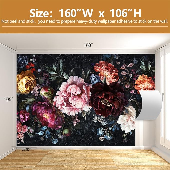 Dark Floral Wallpaper Mural Large Peony Flowers Wall Murals for Bedroom（Not Peel and Stick）
