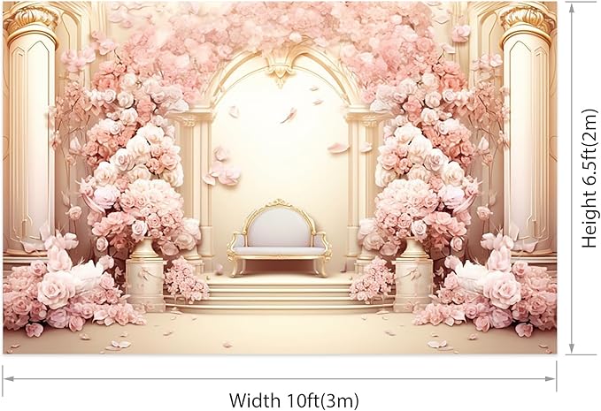 AOFOTO 10x6.5ft Wedding Backdrop Palace Hall Wall Spring Pink Flower Arch Background for Photography Bridal Shower Valentine's Day Prom Decoration Banner Girl Portrait Photo Booth Backdrop