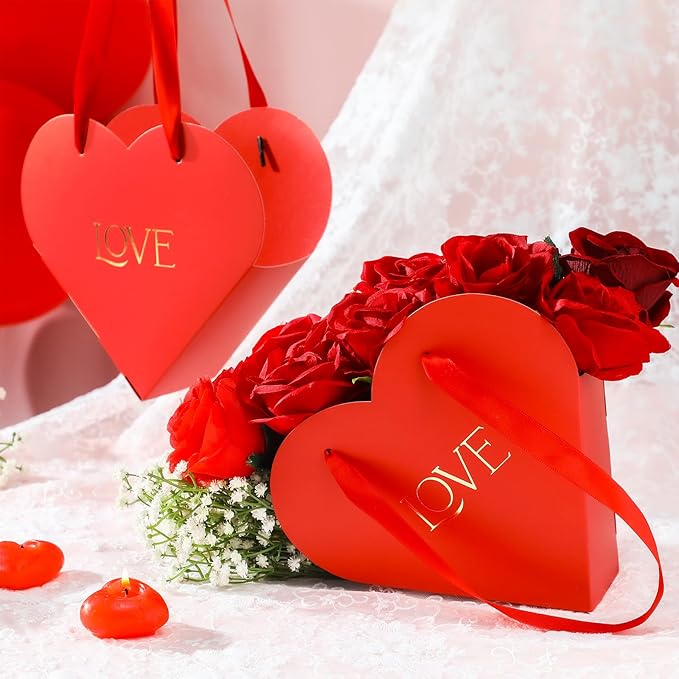 Kolldenn 12 Pcs Heart Shaped Flowers Boxes Christmas Bouquet Storage Bucket Valentine's Day Floral Boxes for Arrangements Paper Floral Bag with Handle Basket Handbag for Florist Bridal Shower(Red)