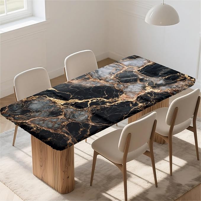 Rectangle Table Cloth Cover Waterproof Elastic Fitted Polyester Fitted Tablecloths for 6 Foot Tables for Indoor,Picnic, Camping, Outdoor （72" x 30"，Black Marble）