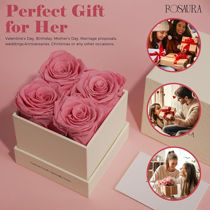 Rosaura 4-Piece Eternal Preserved Roses & Flowers Gift Box - Forever Lasting Real Roses, Preserved Flowers for Christmas, Valentine's Day Pink