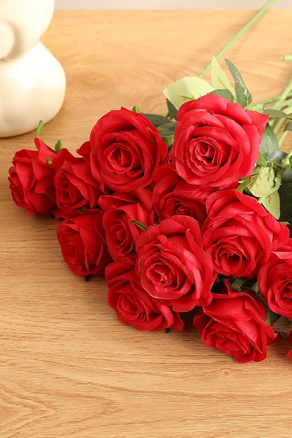 Luyue 10PCS Artificial Roses Flower with Stems Slik Fake Flowers Bouquet Realistic Long Stem Faux Rose for Valentines Day Wedding Home Decor