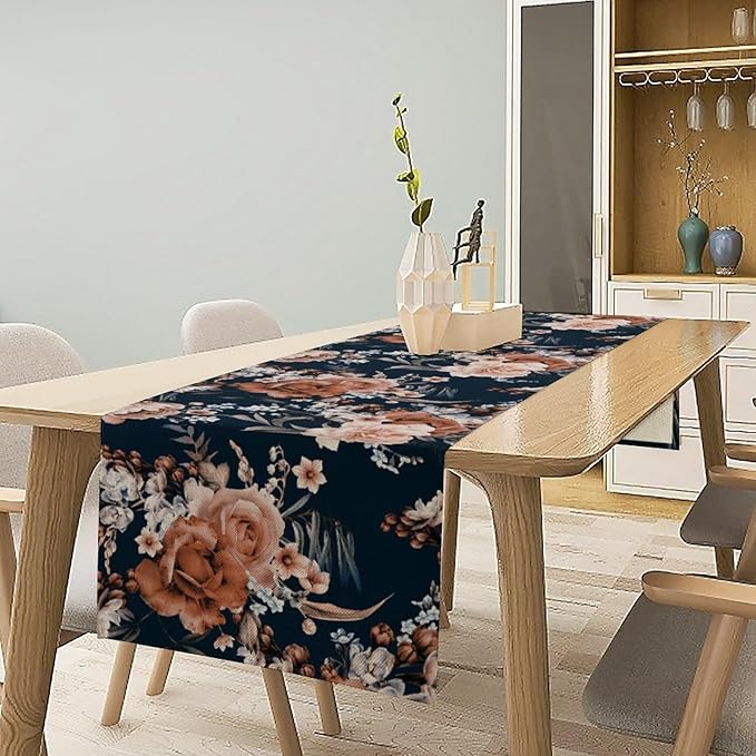 Vintage Flower Table Runner, Boho Black Dark Floral Plant Bohemian Watercolor Spring Garden Botanical Art Table Cover for Holiday Farmhouse Kitchen Dining Table Decor, 13x60inch