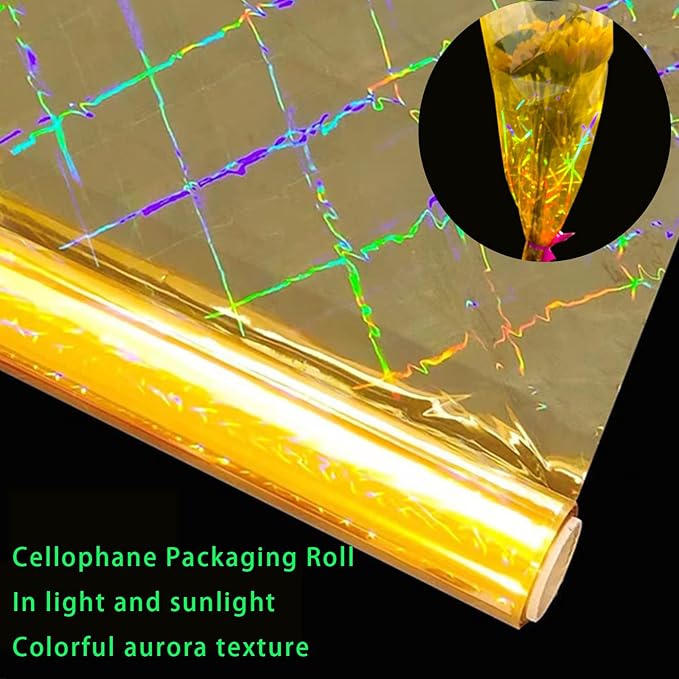 CMFYHM Iridescent Gold Cellophane Wrap Roll I 34 In Wide X 50 Ft Long I Colorful Cello Perfect For Baskets,Gifts, Treats,Birthday Holiday Wedding Floral, Party Arts Crafts Decoration (Gold)