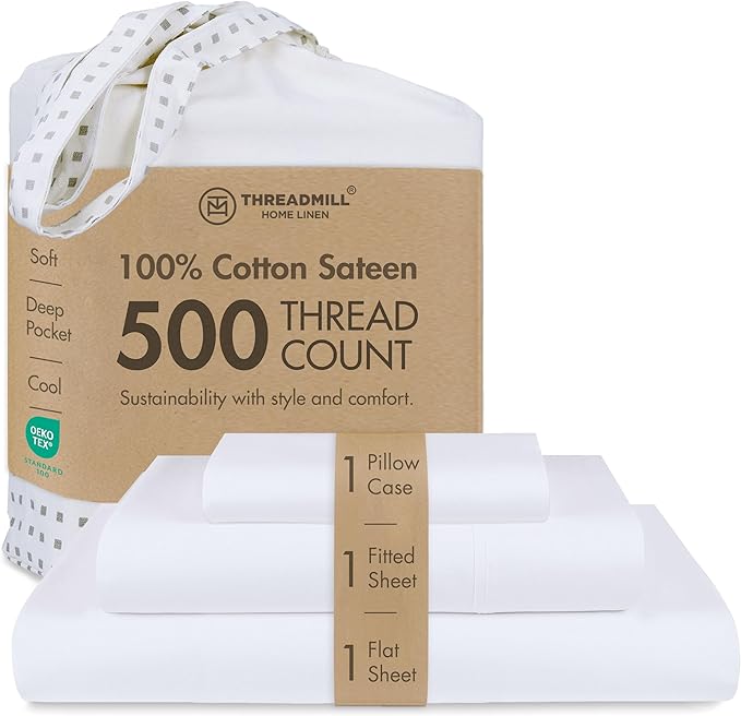 Threadmill - Twin Sheets Sets Soft 100% Cotton Cooling Sheets Deep Pocket Snug Fit Elastic, 500 Thread Count, 3-Pc, Hotel Quality Bed Sheets, Beats Egyptian Cotton Claim (Pure White)