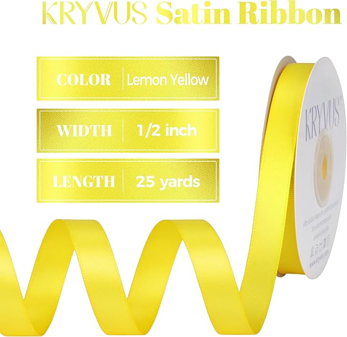 Lemon Yellow Satin Ribbon, Double Faced 1/2 Inch X 25 Yards Lemon Yellow Ribbon, Premium Satin Ribbon for Gift Wrapping, Crafts, Hair Bow Making, Sewing, Flower Bouquet, Wedding Party Decor