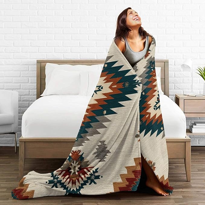 Boho Western Blanket Aztec Tribal Southwest Throw Blanket Southwestern Navajo Soft Cozy Fleece Fuzzy Stuffed Plush Flannel Gifts for Girls Women Boys Kids Adults 50''x60''