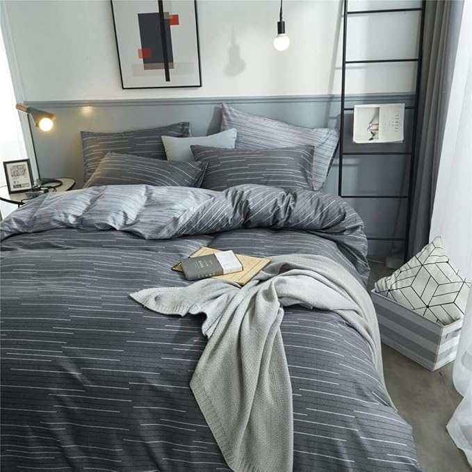 LifeTB Striped Comforter Set Queen Grey Striped Bedding Comforter 3 Pieces Geometric Comforter Set 1 Stripe Comforter Queen with 2 Pillowcases Grey Stripe Fluffy Bed Set for All Seasons