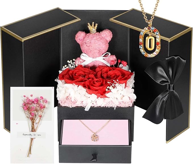 Birthday Gifts for Mom from Daughter, Son, Preserved Real Roses with Initial Necklace O, Meaningful Anniversary Present for Girlfriend Wife Women