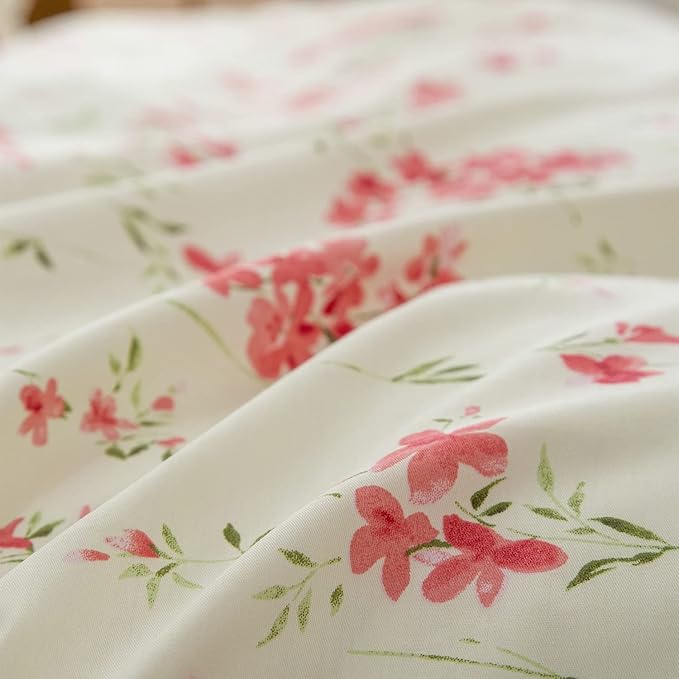 Boho Floral Duvet Cover Full Soft Cotton Girls Pink Floral Bedding Set Chic Garden Style Cute Flower Pattern Duvet Cover Vintage Floral Botanical Comforter Cover 1 Full Duvet Cover with 2 Pillowcases