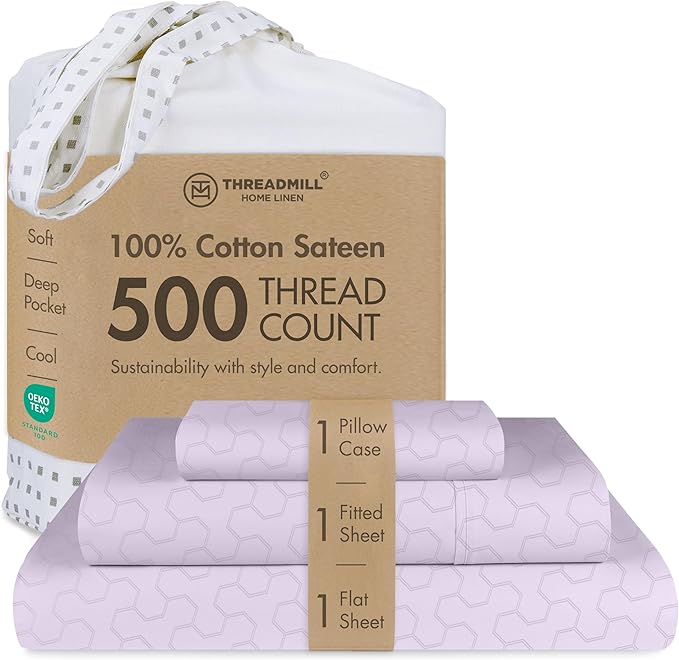 Threadmill Cotton Twin Sheet Set | 500TC 100% Cotton Sheets for Twin Size Bed | Damask Jacquard Sateen Twin Bed Sheets Set with 15” Deep Pocket | Soft Breathable 3-Piece Cooling Sheet Set | Lilac