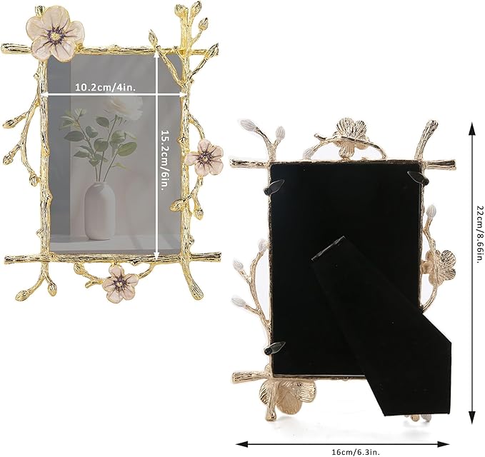 4x6 Gold Picture Frame Decor Ornate Pink Floral Metal Photo Frames with High Definition Glass Front, Art Decor Tabletop Display, Gifts Ideas for Women on Anniversary Christmas