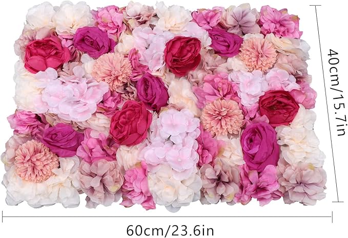 6PCs Floral Backdrop, Realistic Silk Rose Wall, 23.6 * 15.7 in Artificial Flower Wall Decor for Wedding, Home Decor (Fuchsia)