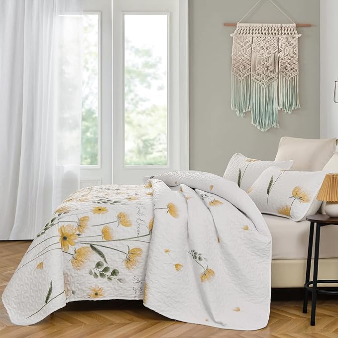 Dinjoy Quilt Set Full Size Yellow, Floral Bedspreads 3 Pieces Reversible Quilts Bedding Set Microfiber Lightweight Bedspread Coverlet Farmhouse Set for Women Girls 78"x90"