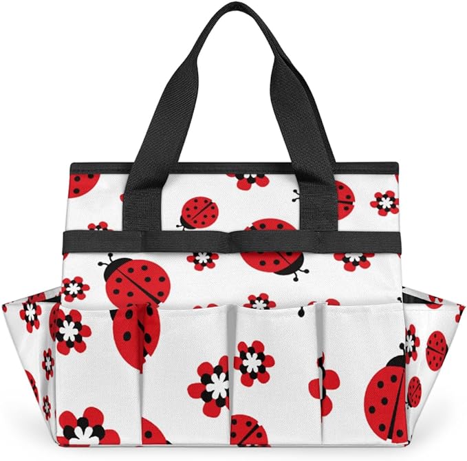 Ladybug Flower Garden Tool Tote Bag for Women Men Gardening Tool Storage Bags with 10 Pockets Standable Garden Home Tool Kits Organizer for Indoor Outdoor Gardening Gifts