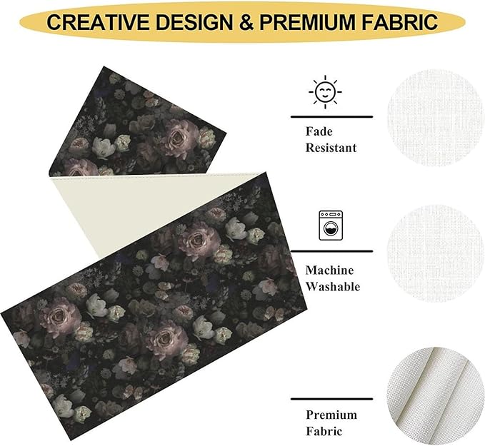 Gothic Floral Table Runner, Vintage Garden Flower Black Witchy Farmhouse Coffee Table Center Decor for Home Kitchen Dining Patio Holiday Party Table Decorations 13x108 inches