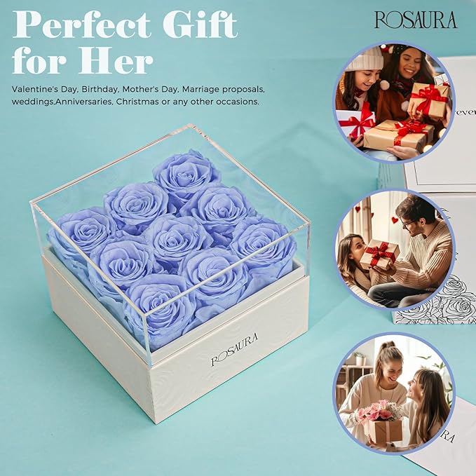 Rosaura Square Preserved Roses Gift Box - Real Forever Flowers in Clear Acrylic Lid, Valentine's for Women (Sky Blue, 9 Roses)