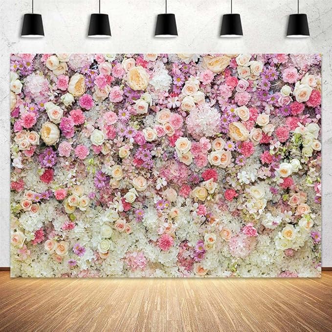 Pink Flower Wall Backdrop,Spring Mothers Day Flowers Photo Backdrop,Rose Girls Birthday Party Weeding Bridal Shower Backdrop Studio Photo Booth Props, 5X3FT