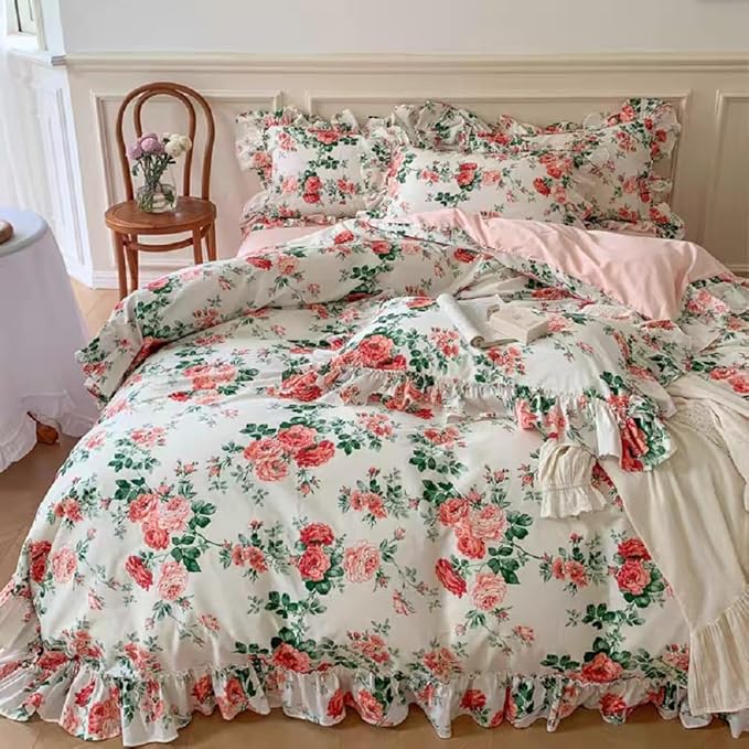 LifeTB Pink Floral Comforter Set King Vintage Pink Flower Leaves Botanical Coquette Bedding Comforter with 2 Pillowcases Romantic Ruffle Boho Comforter Floral King Bed Comforter Set for All Seasons