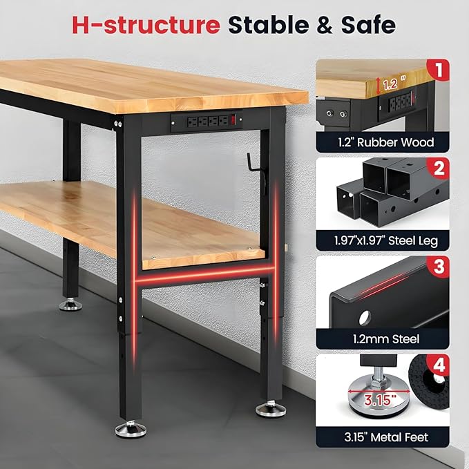 60 Inch Work Bench for Garage Adjustable Height Workbenches with Under Table Shelf Pegboard Pad Power Outlets Work Table for Woodworking, Home, Office, Workshop