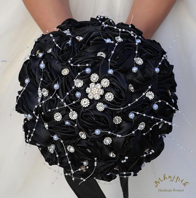 Bridal Wedding Bouquet Round Bling Brooch Bouquet Throw Toss Artificial Rose Flower Bunch for Bride Bridesmaid Wedding Quinceanera(Black, 6.3")