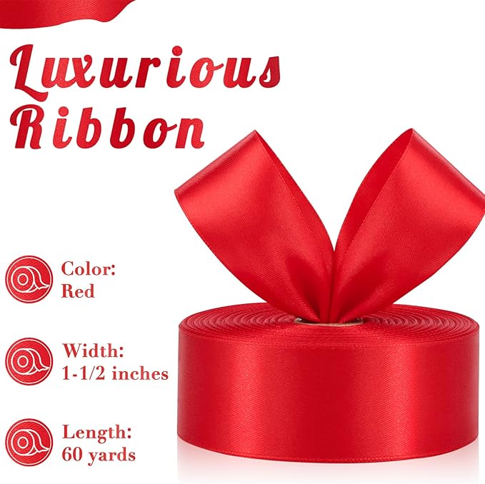 Red Ribbon 1-1/2 Inch, 60 Yards Christmas Red Satin Ribbon for Gift Wrapping, Fabric Ribbon for Flower Bouquet Crafts Wedding Christmas Valentine's Day