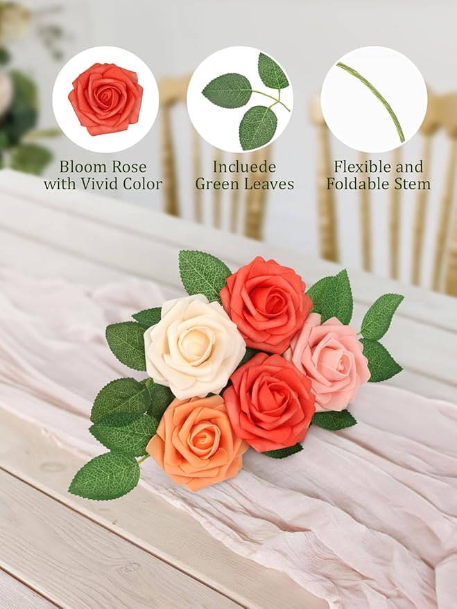 MACTING 30PCS Artificial Rose Flowers Real Touch Fake Flowers with Stem Foam Roses for DIY Wedding Bouquet Table Centerpieces Party Baby Shower Home Party Spring Valentines Day Decor(Mix Coral Series)