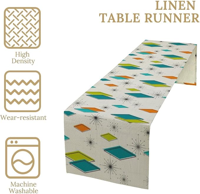 Mid Century Table Runner, Modern Atomic Pattern Absctract Geometric Retro Dinner Runner for Home Kitchen Dining Table Decoration, 13x60 Inch
