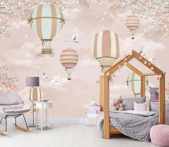 Kids Pink Cartoon Wallpaper Hot Air Balloon Flying Crane Mural for Nursery Girls Bedroom (Not Self-Adhesive)
